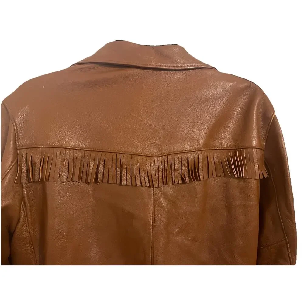VTG 70s Deerskin Leather Jacket Fringe Western Belted Dagger Rock Brown L/XL 46